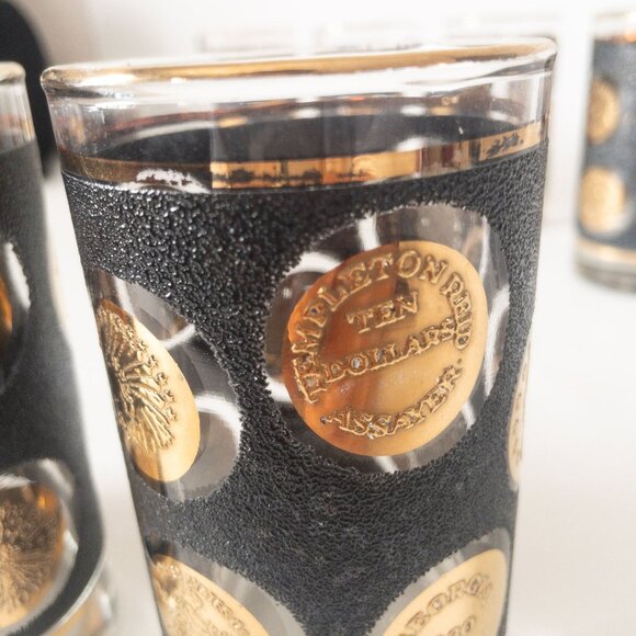 Vintage Libbey black textured 22-karat gold coin glasses MCM 1960s barware (9) - Picture 10 of 16